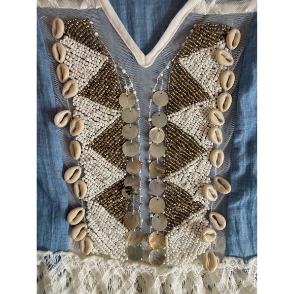 John Mark Women Blue Lace Peplum Boho Top Cowrie Shell Beaded V-Neck L - Picture 3 of 8